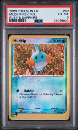 2003 POKEMON EX RUBY & SAPPHIRE #59 MUDKIP-REVERSE FOIL PSA 6 - Image 1