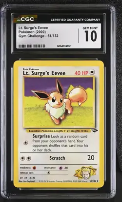 CGC 10 GEM MINT Lt. Surge's Eevee 2000 Gym Challenge 51/132 Pokemon Card - Image 1