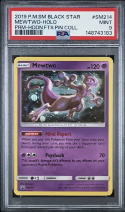 2019 Mewtwo~Holo Black Star Promo Hidden Fates Pin Coll~SM214 PSA 9 Mint Card - Image 1