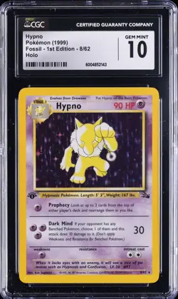1999 POKEMON FOSSIL - FIRST EDITION - HOLO #8/62 HYPNO CGC 10 GEM MINT - Image 1