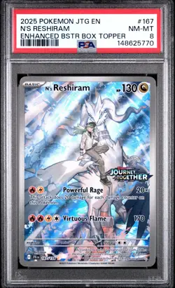 PSA 8 2025 POKEMON JOURNEY TOGETHER 167 N'S RESHIRAM ENHANCED BOX TOPPER PROMO - Image 1