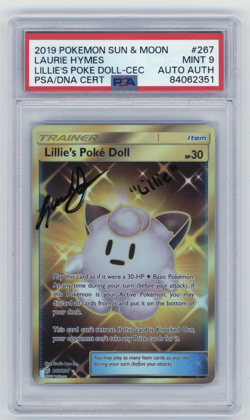 PSA MT 9 Signed Laurie Hymes Pokemon Lillie's Poke Doll Cosmic Eclipse 267/236 - Image 1