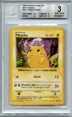 1999 Pokemon Card PIKACHU Red Cheeks Error #58/102 Shadowless Base Set BGS 3 VG - Image 1