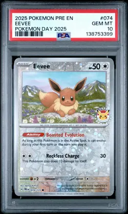 2025 POKEMON PRE EN-PRISMATIC EVOLUTIONS POKEMON DAY 2025 #074 EEVEE PSA 10 - Image 1