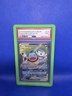 PSA 9 Blastoise & Piplup GX 215/236 Tag Team Alt Art Cosmic Eclipse Pokemon Card - Image 1