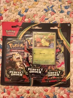 Pokemon TCG Perfect Order 3 Pack Blister Chikorita Promo Sealed - Image 1