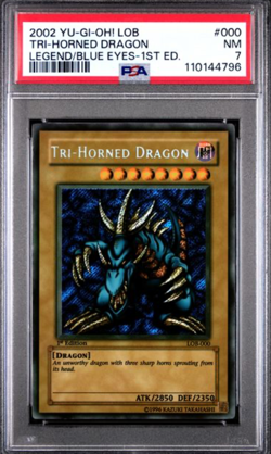 Yugioh PSA 7 Tri-Horned Dragon LOB-000 1st Edition Wavy - Image 1