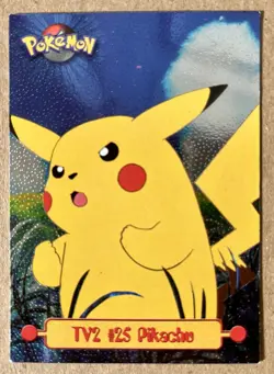 TV2 #25 Pikachu Pokemon Topps Series 1 Holo Foil 1999 (Red Ink Dot Error) - Image 1