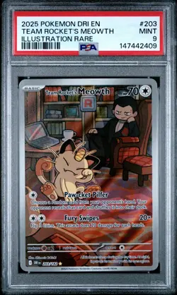 2025 POKEMON DRI EN-DESTINED RIVALS ILLUSTRATION RARE TEAM ROCKET'S MEOWTH PSA 9 - Image 1