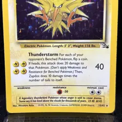 1999 Pokemon Fossil Unlimited Zapdos Holo ERROR Rare 15/62 Vintage WOTC Card - Image 2