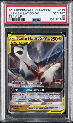 2019 POKEMON SUN & MOON TEAM UP #113 LATIAS & LATIOS GX PSA 10 - Image 1