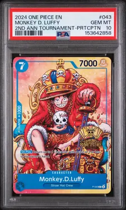 Monkey D. Luffy PSA10 2024 One Piece Promos 2nd Ann Tournament-Prtcptn #043 - Image 1
