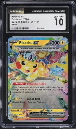 2024 Pokemon Surging Sparks Holo Pikachu ex #57 CGC 10 - Image 1