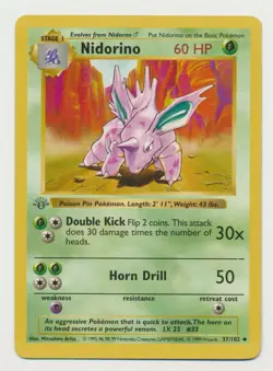 Pokemon Base Set 1st Edition Gray Stamp Nidorino 37/102 NM NEAR MINT Condition!! - Image 1