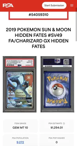 Pokemon Charizard GX SV49 Hidden Fates Shiny Vault PSA 10 Full Art Holo 2019 - Image 1