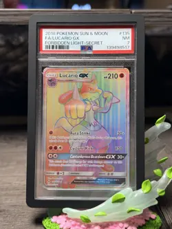 2018 POKEMON SUN & MOON FORBIDDEN LIGHT SECRET #135 FULL ART/LUCARIO GX PSA 7 - Image 1