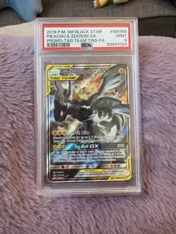 Pokemon TCG Black Star Promo Pikachu & Zekrom GX SM168 Card PSA 9 Mint Full Art - Image 1
