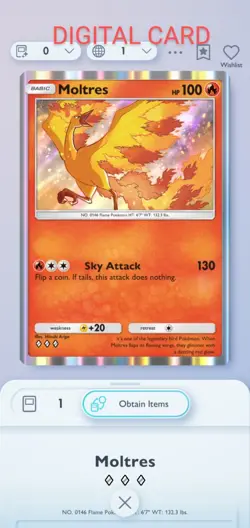 Pokemon Pocket Mobile Game Genetic Apex Set Moltres ◇◇◇ Rare Digital Trade Card - Image 1