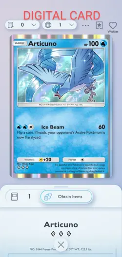 Pokemon Pocket Mobile Game Genetic Apex Set Articuno ◇◇◇ Rare Digital Trade Card - Image 1
