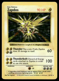 Pokemon Cards Zapdos 16/102 Base Set Shadowless Holo Holo Rare NM - Image 1