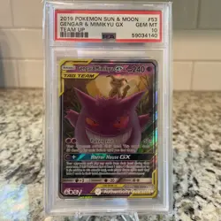 2019 POKEMON SUN & MOON TEAM UP #53 GENGAR & MIMIKYU GX PSA 10 - Image 1
