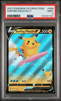 2021 POKEMON CELEBRATIONS #008 SURFING PIKACHU V PSA 9 - Image 1