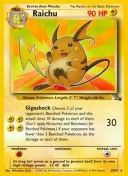 Moderately Played, English Pokemon Regular Raichu - 29/62 - Rare - Unlimited Edi - Image 1