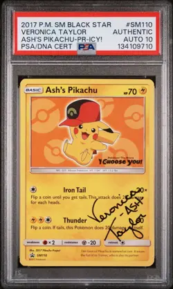 PSA AUTO 10 Pokemon TCG 2017 Black Star Ash's Pikachu SM110 Veronica Taylor - Image 1