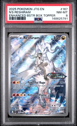 PSA 8 2025 POKEMON JOURNEY TOGETHER 167 N'S RESHIRAM ENHANCED BOX TOPPER PROMO - Image 1