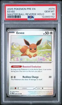 2025 POKEMON PRE EN-PRISMATIC EVOLUTIONS #074 EEVEE MASTER BALL PSA 10 - Image 1