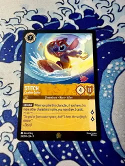 2025 Disney Lorcana Stitch Carefree Surfer 24/204 Fabled Legendary Gold Stamp - Image 1