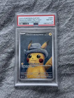 2023 Pokemon SVP EN x Van Gogh #085 Pikachu Grey Felt Hat PSA 8 NM-MT - Image 1