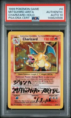 1999 POKEMON BASE SET UNLIMITED ARITA SIGNED #4 CHARIZARD-HOLO PSA AUTH AUTO 10 - Image 1