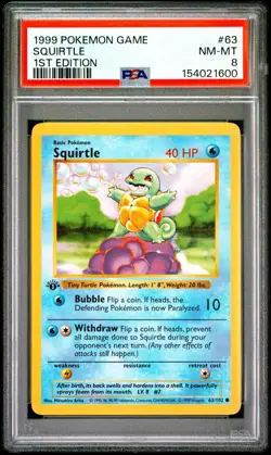 1999 Pokemon Game Squirtle 1st Edition Shadowless Card #63 PSA 8 NM-MT - Image 1