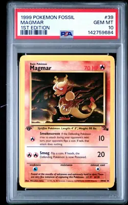 PSA 10 GEM MINT 1999 POKEMON FOSSIL #39 MAGMAR 1ST EDITION ENGLISH - Image 1