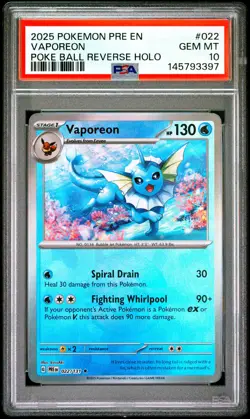 2025 POKEMON PRE EN-PRISMATIC EVOLUTIONS POKE BALL REVERSE HOLO VAPOREON PSA 10 - Image 1