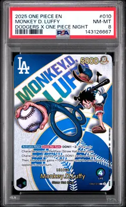 2025 ONE PIECE PROMOS DODGERS X ONE PIECE NIGHT #010 MONKEY D. LUFFY PSA 8 - Image 1