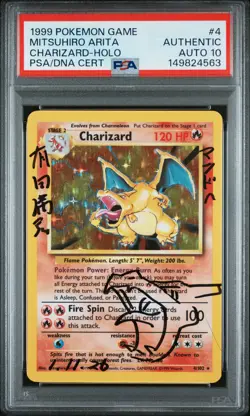 1999 POKEMON BASE SET UNLIMITED ARITA SIGNED #4 CHARIZARD-HOLO PSA AUTH AUTO 10 - Image 1