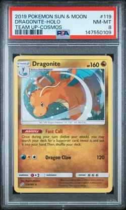 2019 POKEMON SUN & MOON TEAM UP COSMOS #119 DRAGONITE-HOLO PSA 8 - Image 1