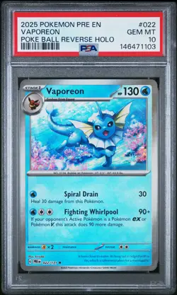 2025 POKEMON PRE EN-PRISMATIC EVOLUTIONS POKE BALL REVERSE HOLO VAPOREON PSA 10 - Image 1