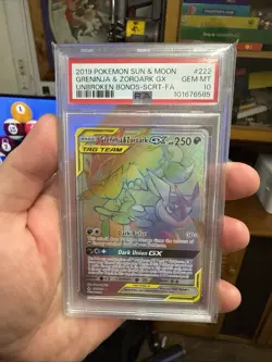 2019 POKEMON SUN & MOON UNBROKEN BONDS #222 GRENINJA & ZOROARK GX PSA 10 - Image 1