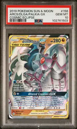 2019 POKEMON SUN & MOON COSMIC ECLIPSE #156 ARCEUS & DIALGA & PALKIA GX PSA 10 - Image 1