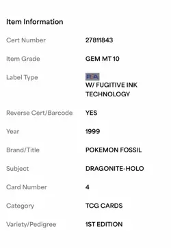 Pokemon TCG Dragonite 4/62 Fossil 1st Edition Holo Rare PSA 10 100 HP 1999 - Image 3