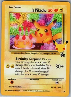 Birthday Pikachu 24Holo Celebrations: Classic Collection - Pokemon Card - NM - Image 1