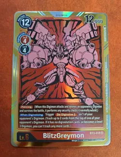 Digimon Card game BlitzGreymon BT3-018 Alternate art Foil on hand - Image 1