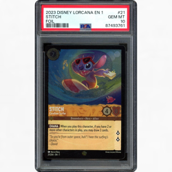 2023 DISNEY LORCANA THE FIRST CHAPTER #21/204 STITCH CAREFREE SURFER FOIL PSA 10 - Image 1