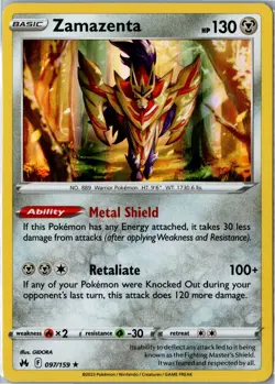 Pokemon Card - Zamazenta 097/159 Holo Rare Holo Crown Zenith NM - Image 1