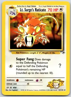 POKEMON GYM HEROES LT. SURGE'S RATICATE 51/132 UNCOMMON UNLIMITED LP - Image 1