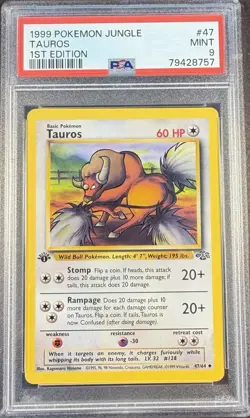 1999 Pokemon Jungle 1st Edition 47 Tauros PSA 9 Mint - Image 1