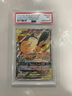 FA/EEVEE & SNORLAX GX PRM-TAG TEAM TINS POKEMON SM BLCK STR PRM 2019 SM169 PSA 9 - Image 1